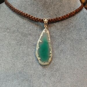 Green Agate Pendant Necklace on Brown Braided Cord